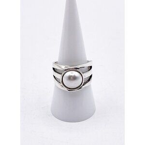 UNOde50 Silver Plated Faux Pearl Statement Ring Wide Band Modern Designer SZ 8.5